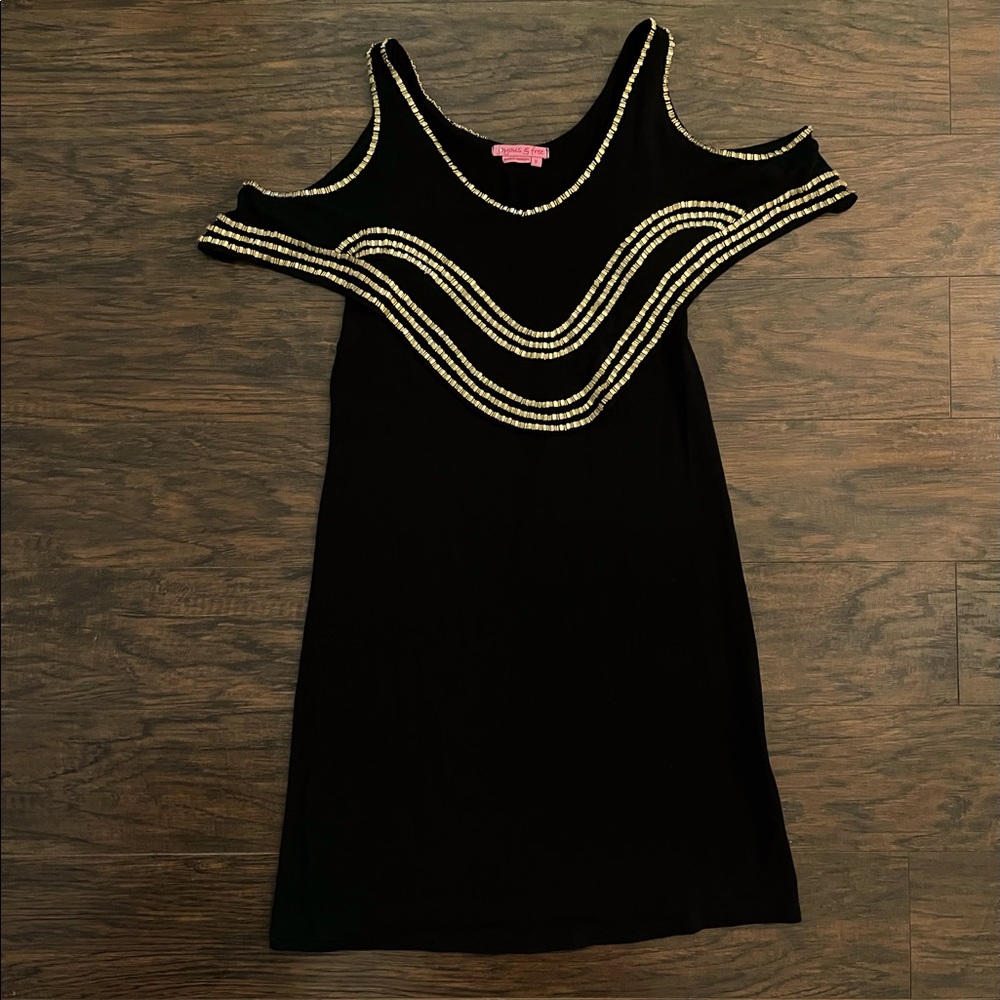 Joyous & Free Beaded Studded Black, Gold off the shoulder summer small dress.